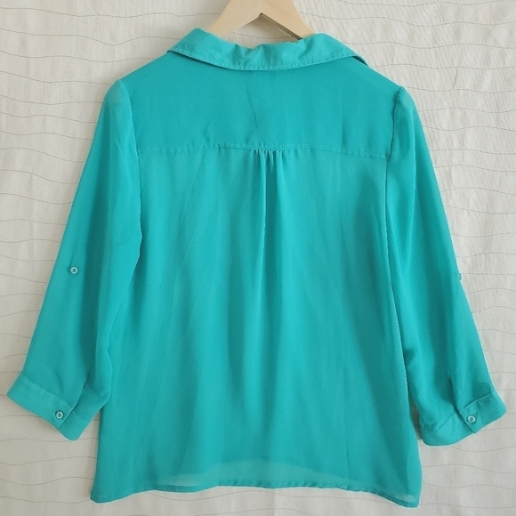 Moon Collection Womens Teal Green Long Sleeves Collared Sheer Blouse Top Size S - Picture 6 of 6